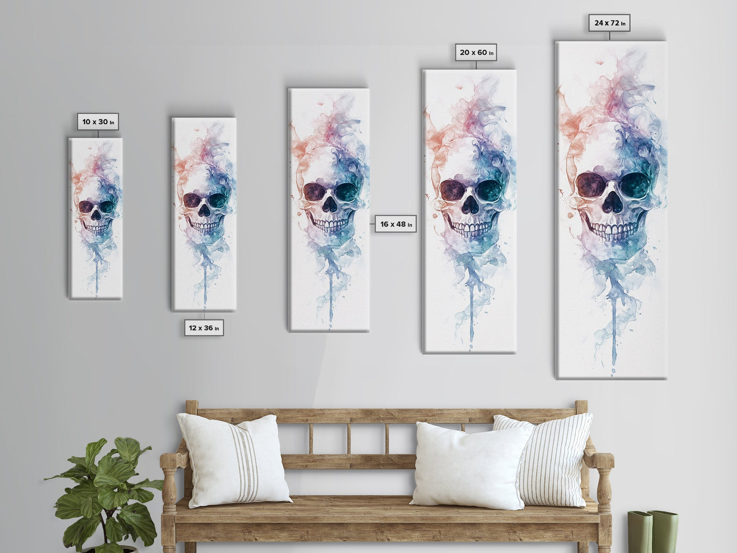Skull Art Framed Canvas Print in Ethereal Watercolor Design, Halloween Decor and Moody Wall Art with Rustic Aesthetic Appeal