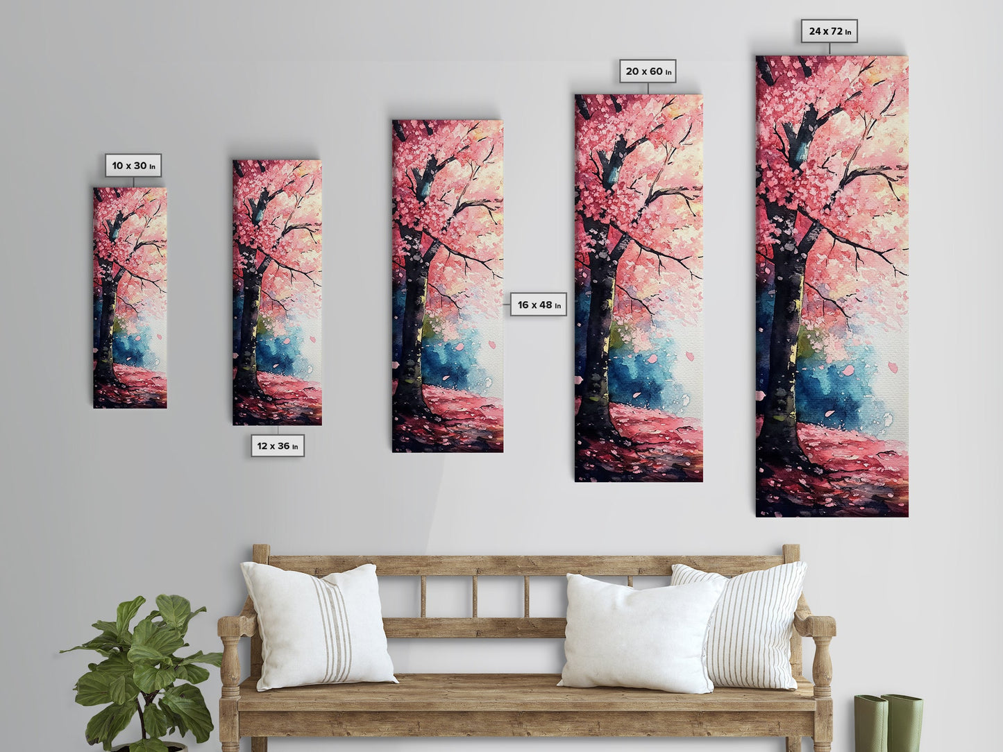 Cherry Blossom Tree Framed Canvas Print, Moody Pink Wall Art, Japanese Botanical Artwork, Vertical Minimalist Decor, Gift Idea