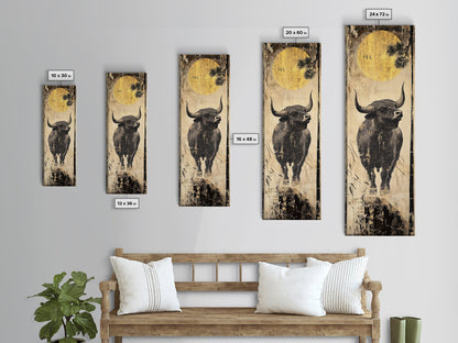 Modern Bull Artwork Framed Canvas Print, Rustic Animal Wall Art, Farmhouse Decor, Vertical Skinny Art, Pine Tree Moonlight Scene