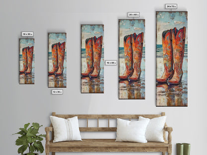 Rustic Cowboy Boots Canvas Print, Coastal Cowgirl Wall Art, Farmhouse Rustic Decor, Western Style Vertical Skinny Artwork