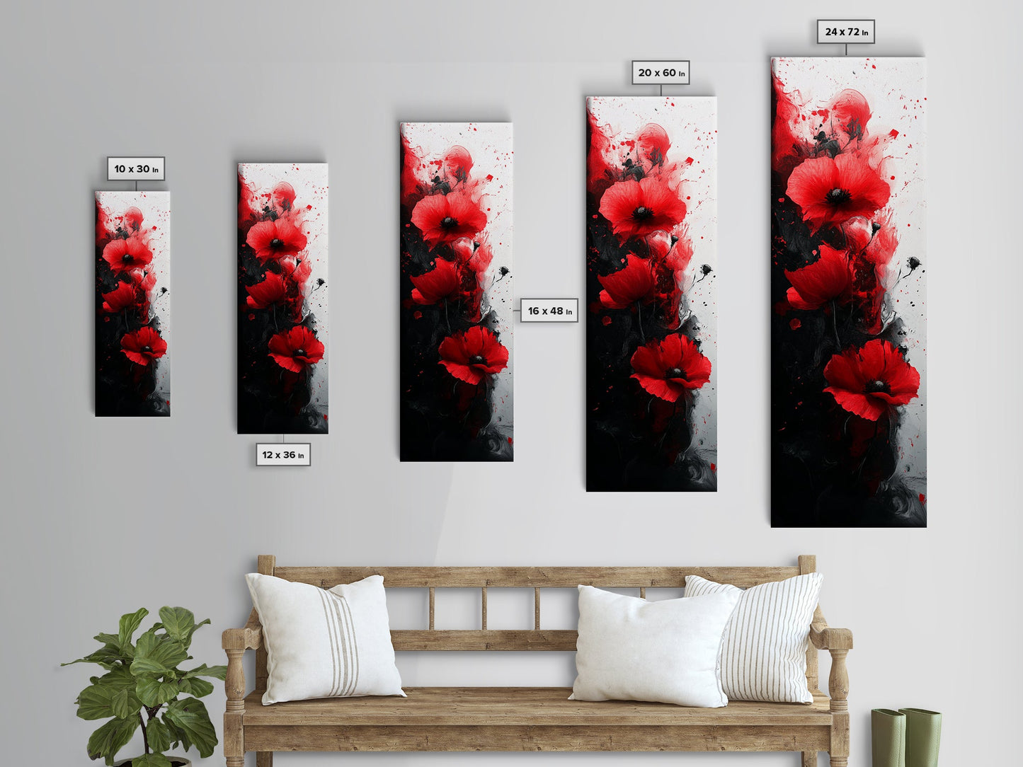 Dramatic Poppy Art Black and White Red Wall Art Framed Canvas Print California Poppy Art Rustic Home Decor Tall Skinny Art
