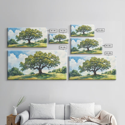 Sprawling Oak Tree Canvas Print Rustic Wall Art Panoramic Painting Nature Scene Bedroom Decor Horizontal Artwork Farmhouse Wall Art