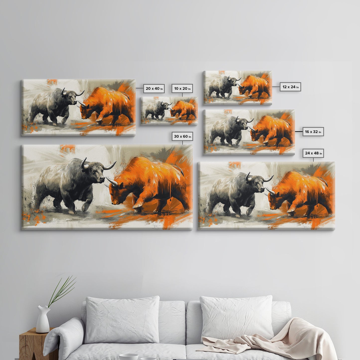 Moderner Leinwanddruck mit Stier und Bär, gerahmt, Geschenkidee, Kunst für den Finanzmarkt, Wanddekoration, rustikale Kunst über dem Sofa