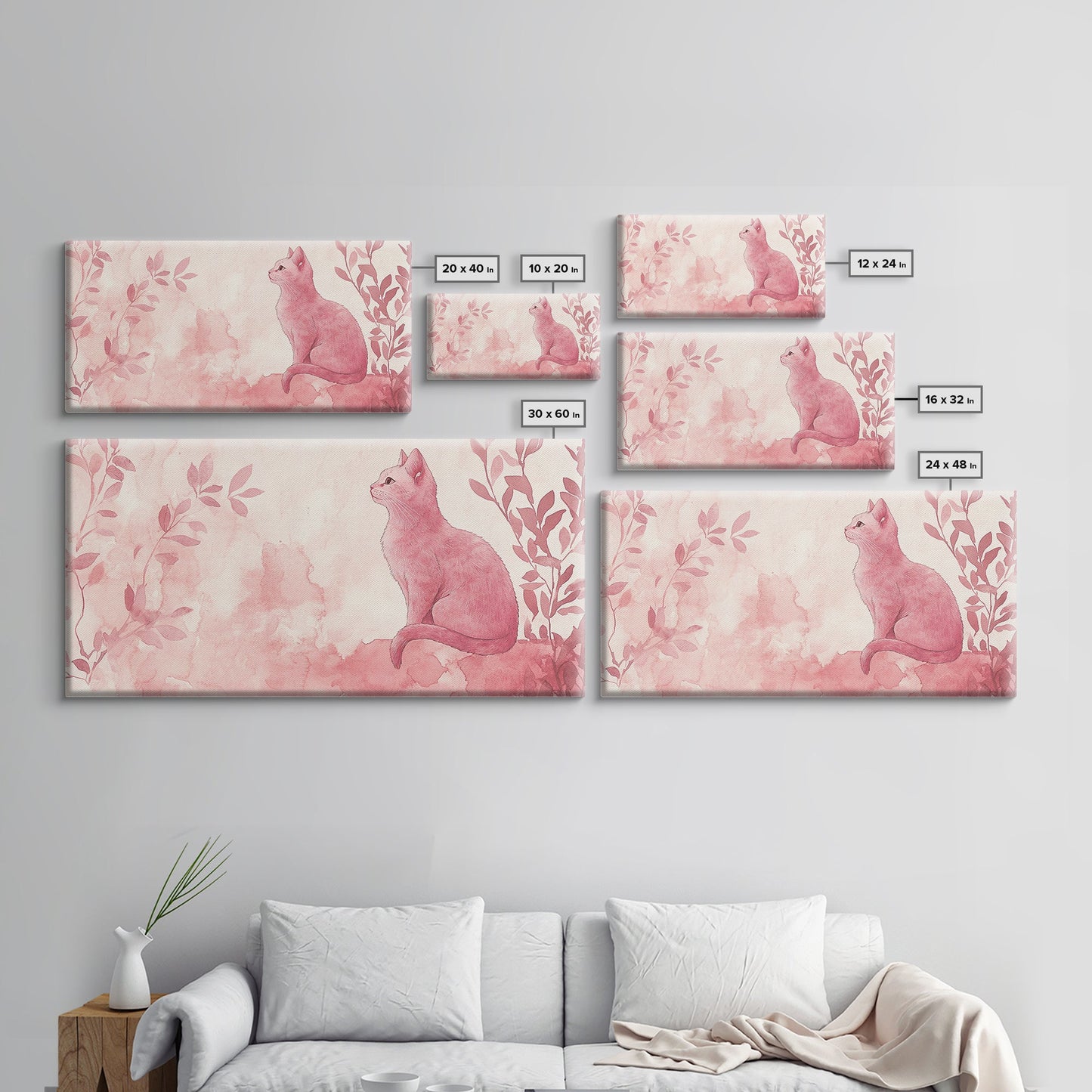Whimsical Pink Cat Canvas Print Featuring Pink Wall Art Minimalist Art Botanical Prints Light Pink Wall Art Farmhouse Rustic Decor