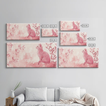 Whimsical Pink Cat Canvas Print Featuring Pink Wall Art Minimalist Art Botanical Prints Light Pink Wall Art Farmhouse Rustic Decor