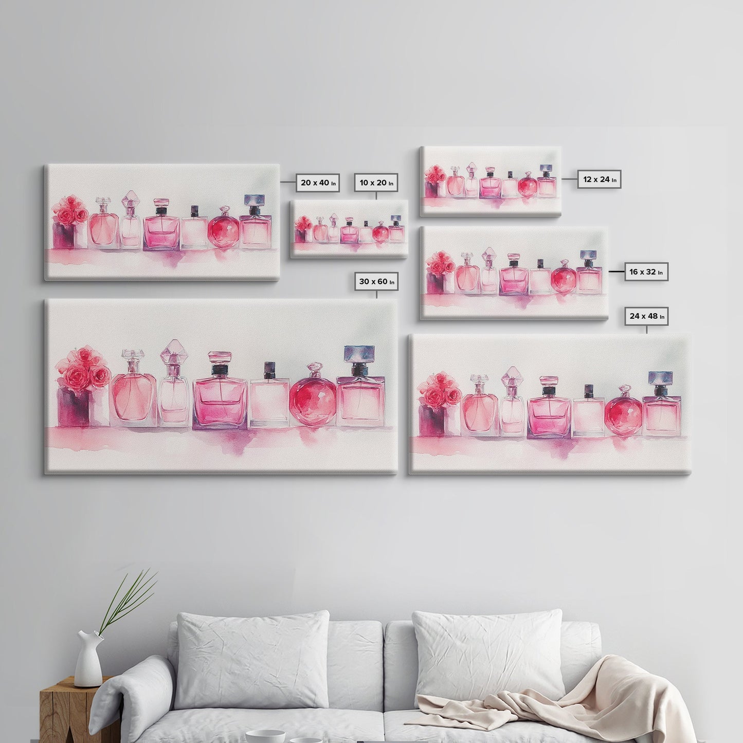 Pink Perfume Painting Framed Canvas Print, Light Pink Bedroom Art Coastal Cowgirl Wall Art, Minimalist Art Rustic Decor Gift Idea