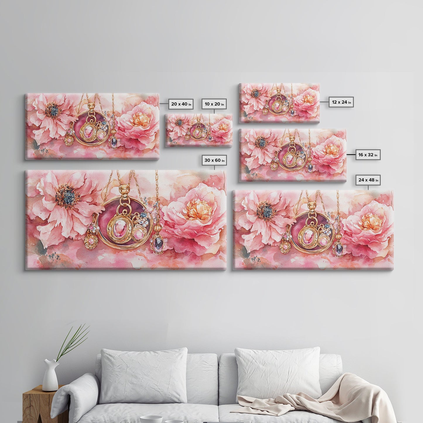 Leinwanddruck mit rosafarbenem Edelsteinschmuck, feminin-elegantes Kunstwerk, glamouröses Rosenbild, Wanddekoration fürs Wohnzimmer, einzigartiges Deko-Geschenk