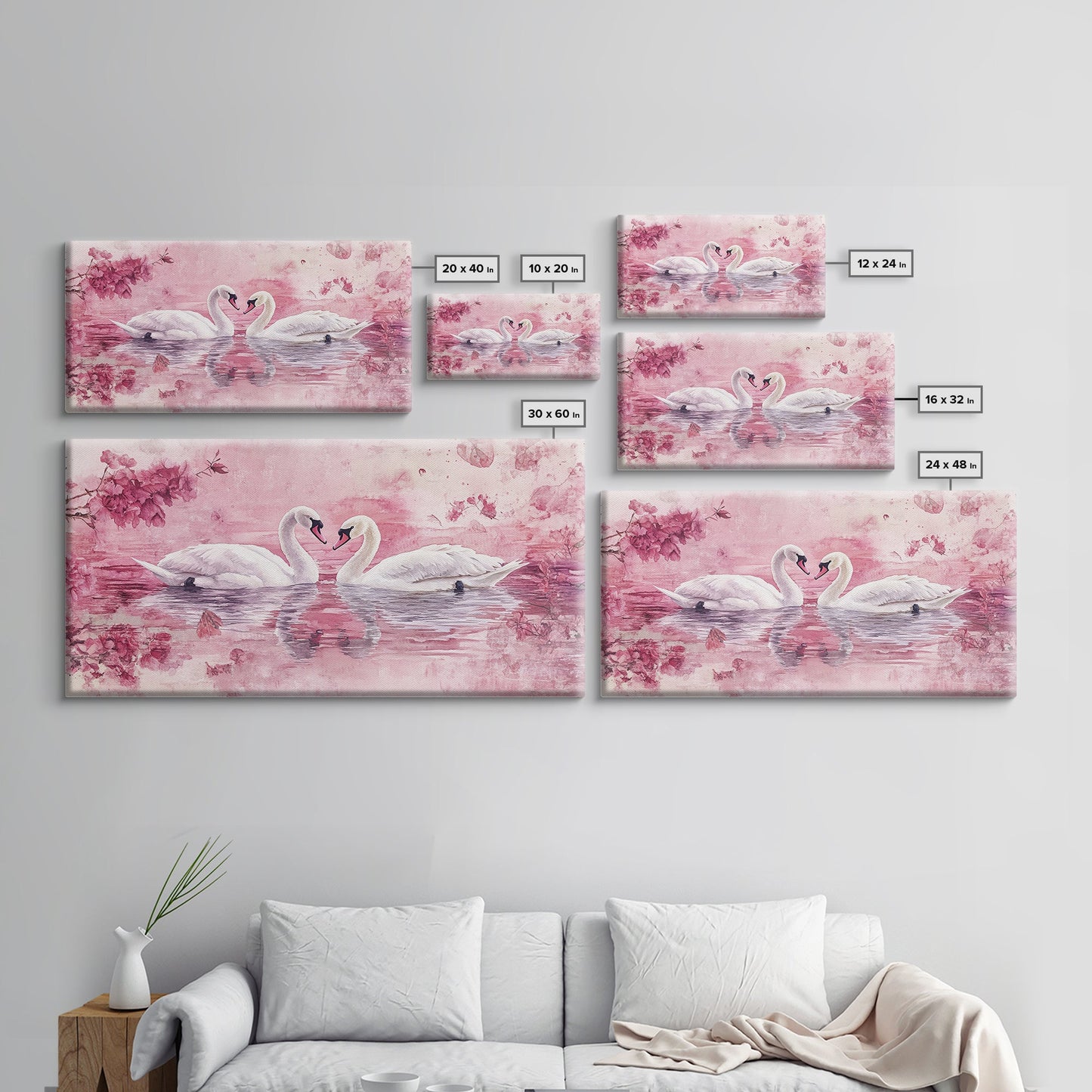 Swan Reflection Watercolor Framed Canvas Print, Romantic Wildlife Art, Cherry Blossom Wall Art, Rustic Farmhouse Decor, Bedroom Art