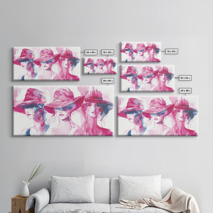 Elegant Hat Ladies Canvas Print, Feminine Pink Abstract Art with Fashion Illustration, Unique Gift Idea for Her Wall Decor