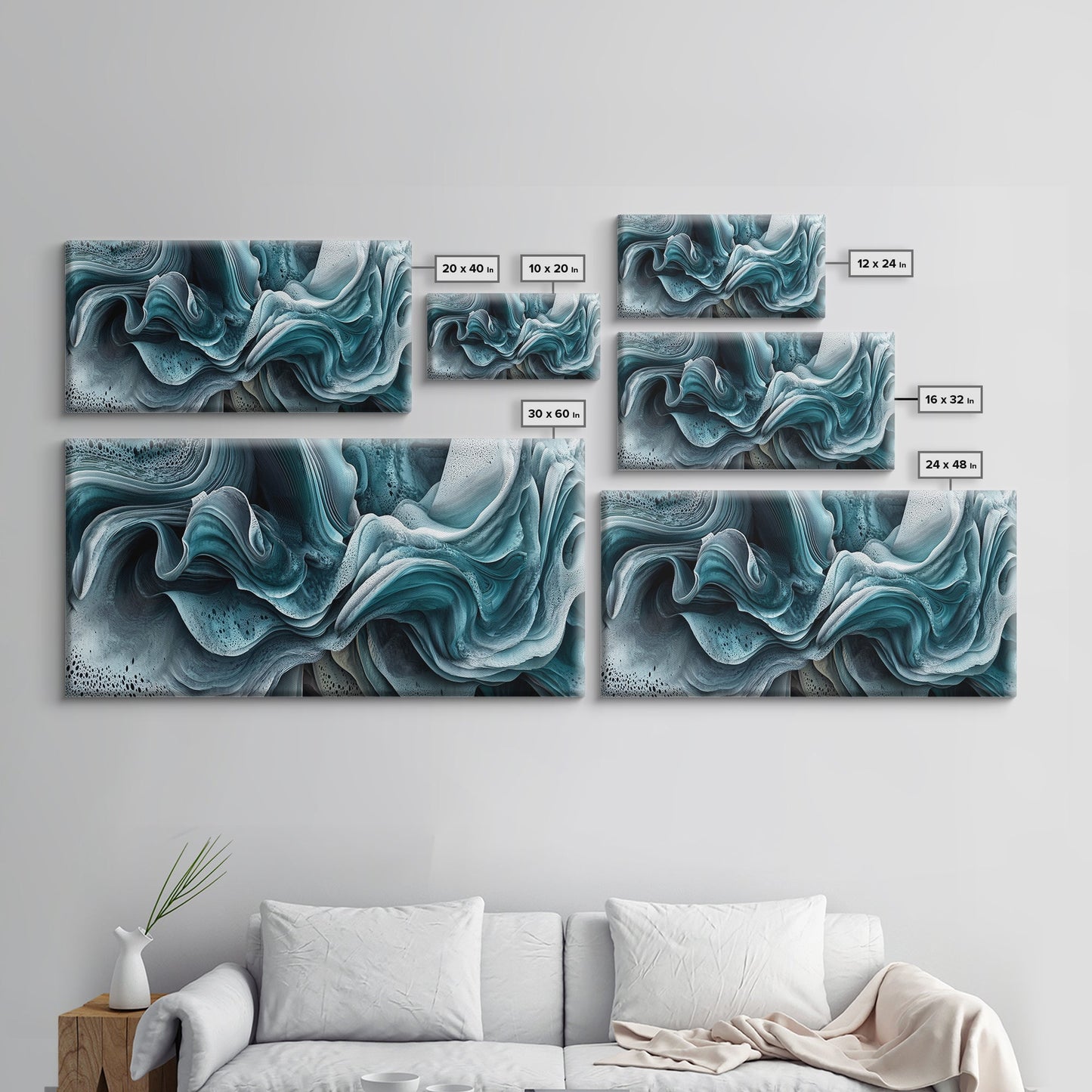 Blue Textured Wave Art Framed Canvas Print, Geometric Wall Art, Abstract Coastal Art, Sage Green Wall Art, Bedroom Art, Vertical Wall Art