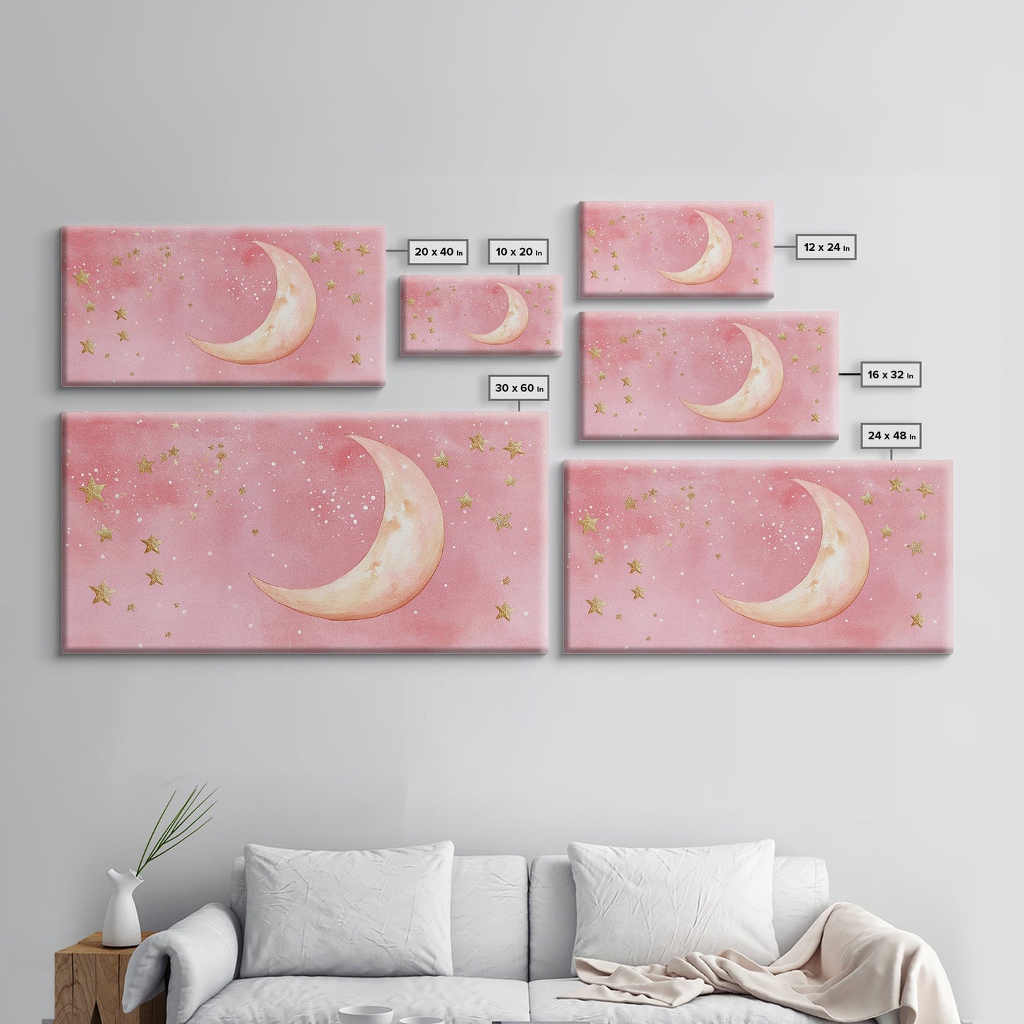 Golden Crescent Moon Canvas Print, Light Pink Wall Art, Whimsical Celestial Art, Bedroom or Dorm Decor, Christmas Gift Idea