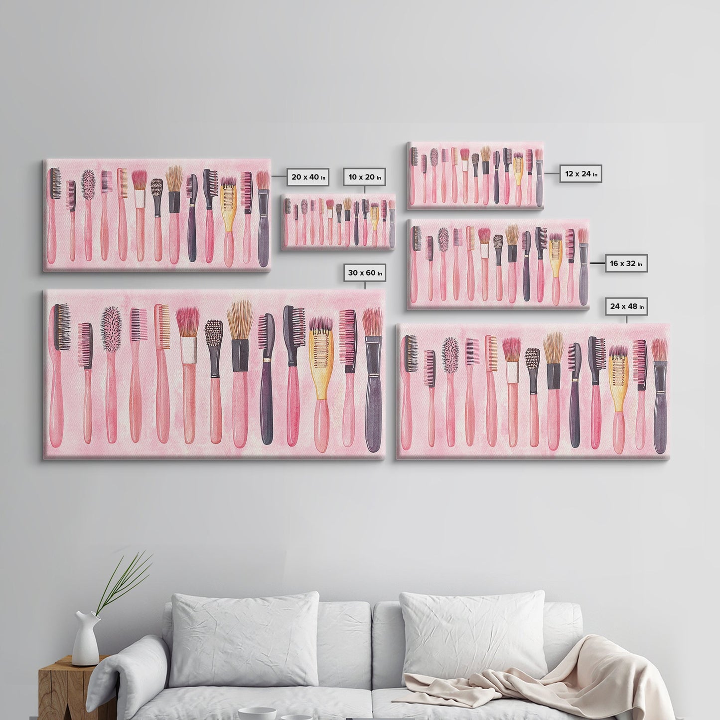 Hairbrush Collection Canvas Print Whimsical Art Pink Wall Art Fun Boho Aesthetic Bathroom Decor Vertical Art Unique Gift Idea