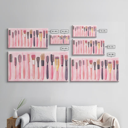 Hairbrush Collection Canvas Print Whimsical Art Pink Wall Art Fun Boho Aesthetic Bathroom Decor Vertical Art Unique Gift Idea