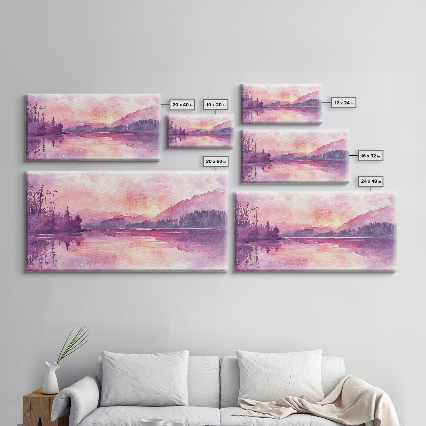 Sunset Landscape Art Framed Canvas Print Pink Orange Wall Art Living Room Art Panoramic Painting Above Couch Art Coastal Decor