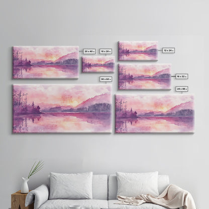 Sunset Landscape Art Framed Canvas Print Pink Orange Wall Art Living Room Art Panoramic Painting Above Couch Art Coastal Decor