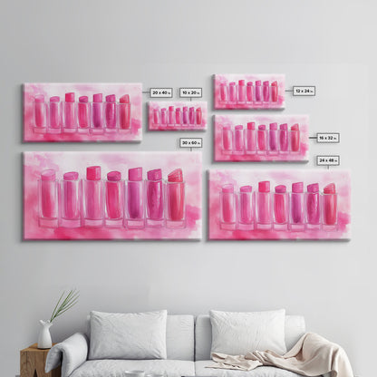 Leinwanddruck „Lippenstiftreihe“ | Rosa Wandbild, verspielte Deko, hellrosa Kunst, feminine Geschenkidee, Wohnzimmerdeko, Deko über dem Sofa