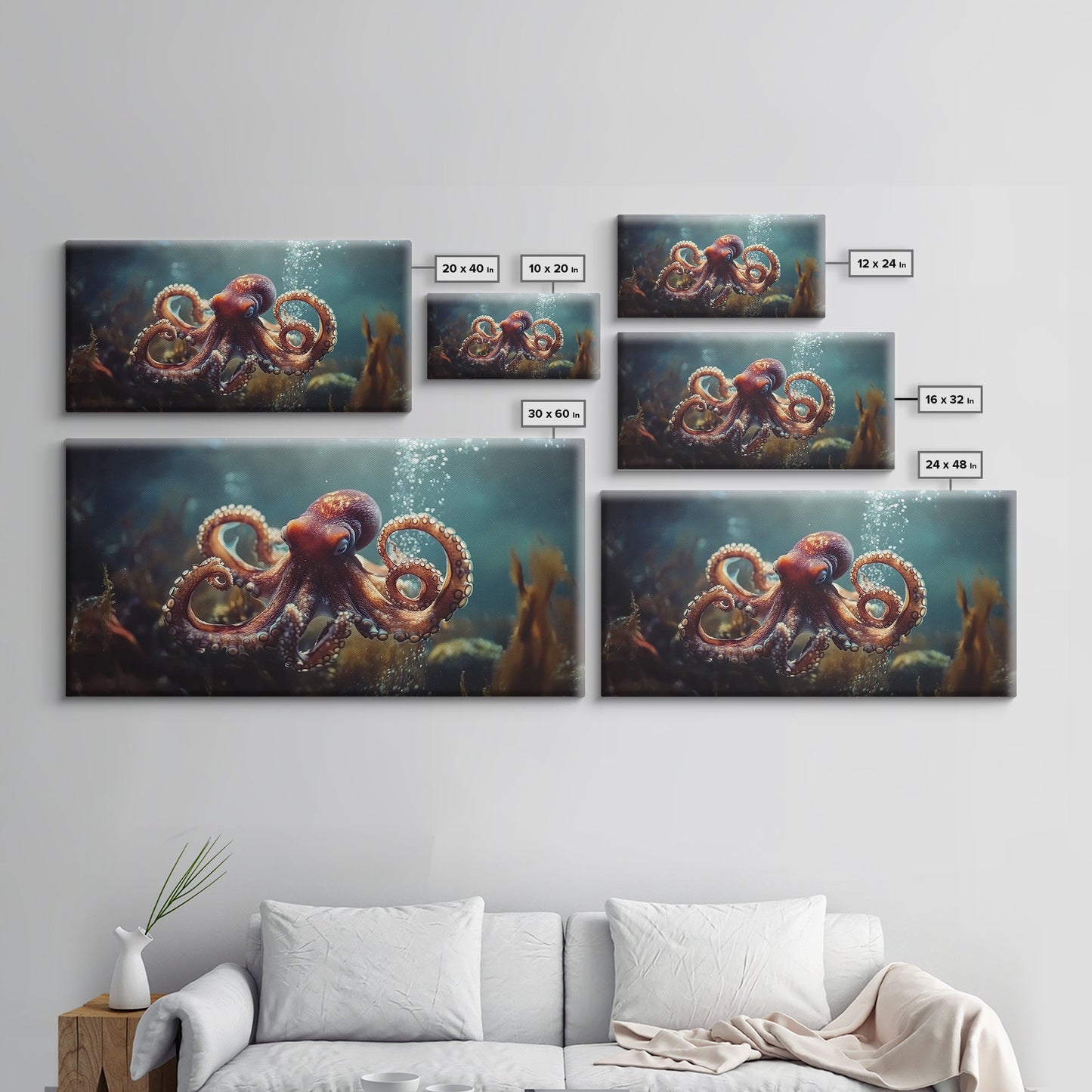 Vibrant Octopus Art Framed Canvas Print, Ocean Wildlife Wall Decor, Rustic Nautical Art, Marine Life Painting, Underwater Sea Art