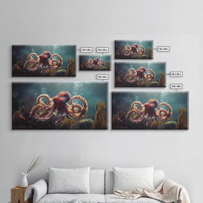 Vibrant Octopus Art Framed Canvas Print, Ocean Wildlife Wall Decor, Rustic Nautical Art, Marine Life Painting, Underwater Sea Art