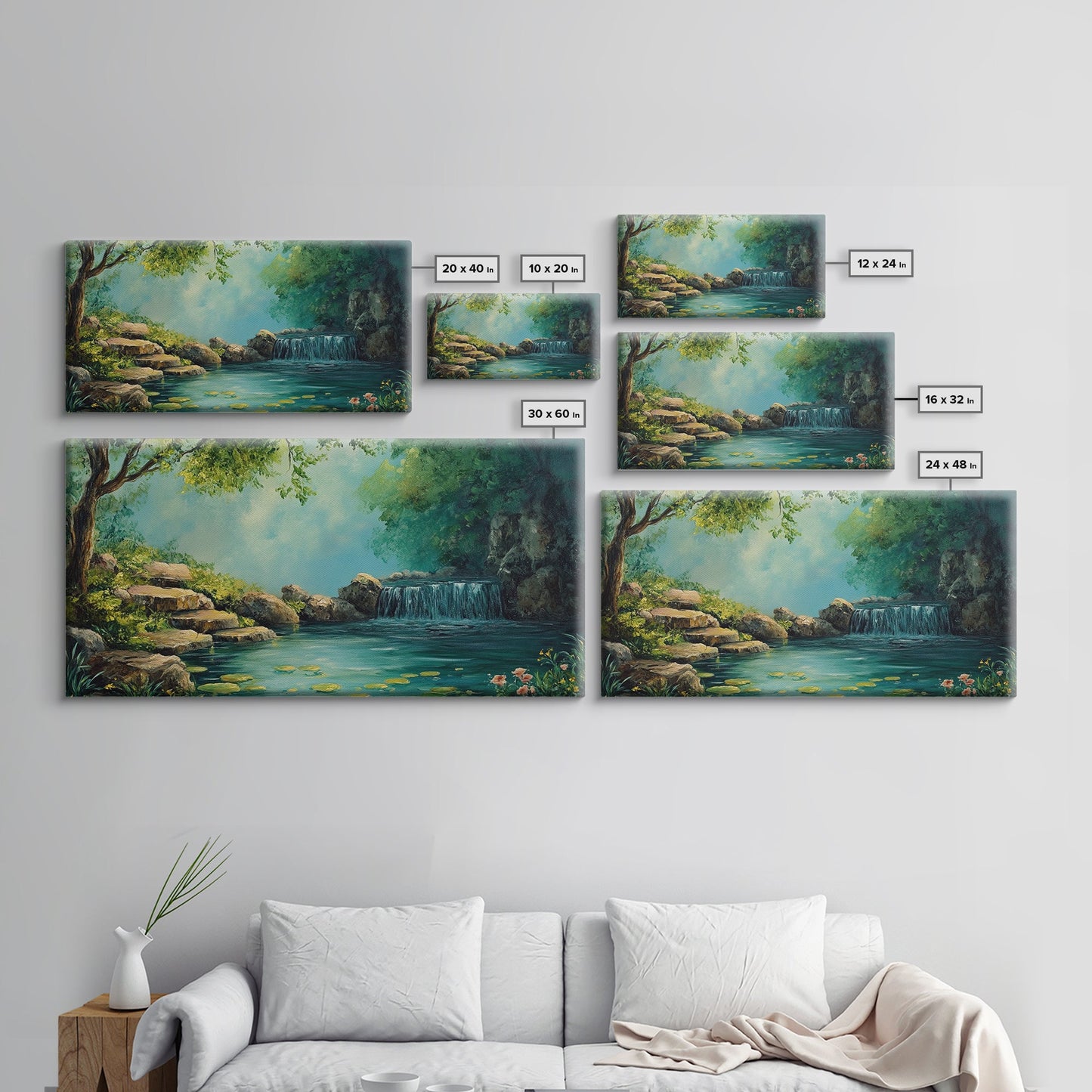 Ruhiges Wasserfall-Landschaftsbild, gerahmter Leinwanddruck, rustikale Wohnzimmerdekoration, friedliche Naturszene, Wandbild im Landhausstil