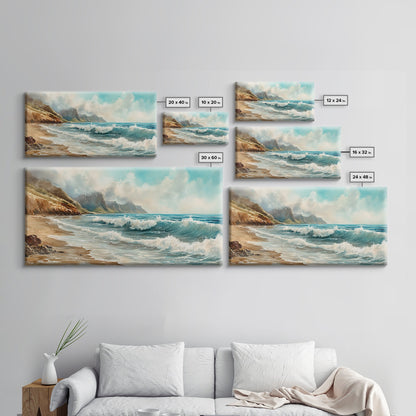 Coastal Landscape Canvas Print with Ocean Waves and Misty Cliffs, Nautical Wall Art Gift Idea, Coastal Decor Beach Painting