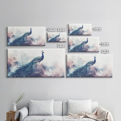 Watercolor Peacock Art Canvas Print, Moody Wildlife Wall Decor, Above Couch Living Room Art, Unique Nature Gift Idea Him Her