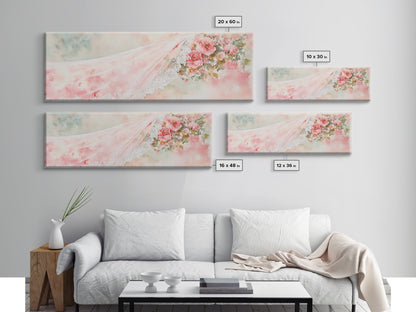 Romantic Rose Painting Canvas Print Featuring Bridal Lace, Botanical Prints Ideal Bedroom Art or Wedding Gift Idea