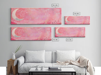 Crescent Moon Painting Canvas Print with Whimsical Starry Sky, Pink Wall Art for Living Room or Guest Room, Dreamy Decor