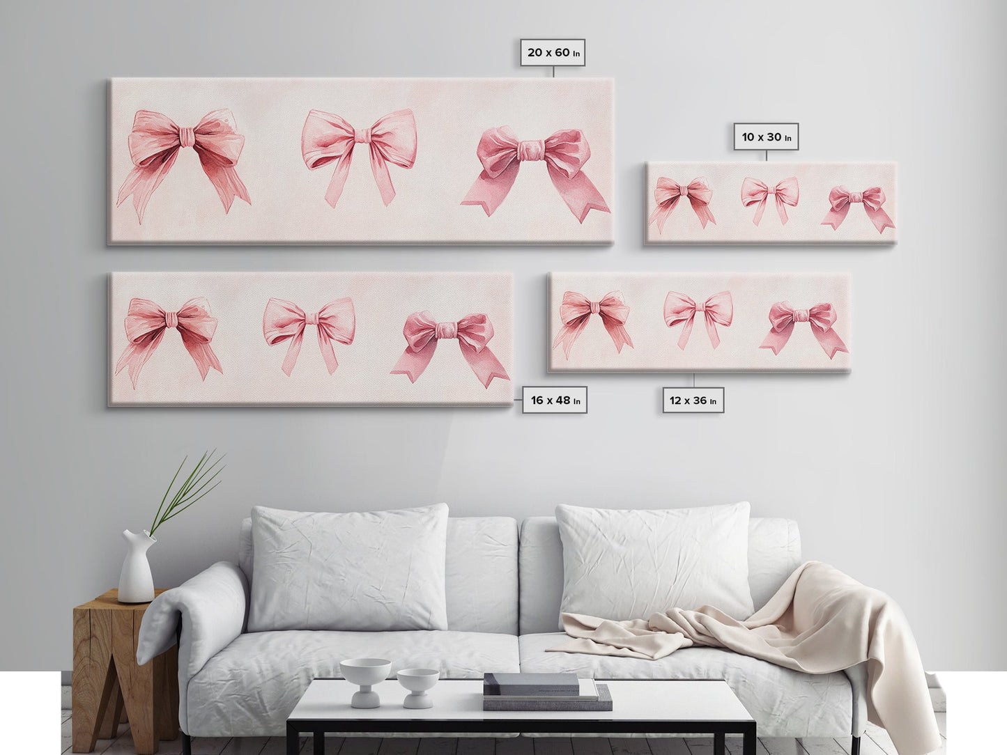 Light Pink Wall Art Canvas Print with Bows Decor, Minimalist Painting, Bedroom Art, Horizontal Abstract Artwork for Living Room