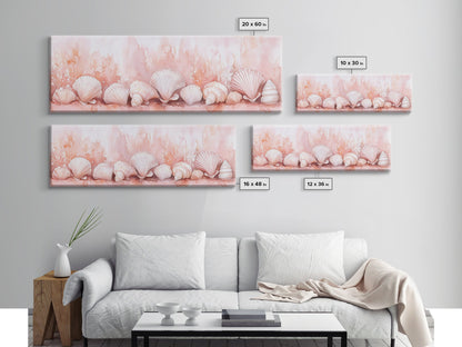 Coastal Shell Art Canvas Print Featuring Light Pink and Orange Pastel Hues, Beach House Decor, Nautical Wall Art for Living Room