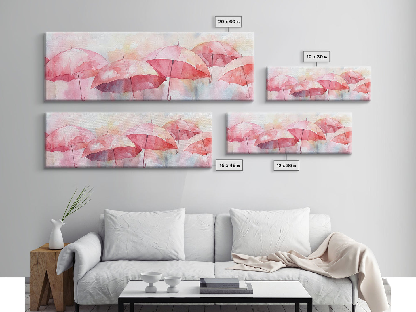 Umbrella Canvas Print Featuring Light Pink Abstract Art, Boho Minimalist Decor, Romantic Living Room or Guest Room Coastal Wall Art