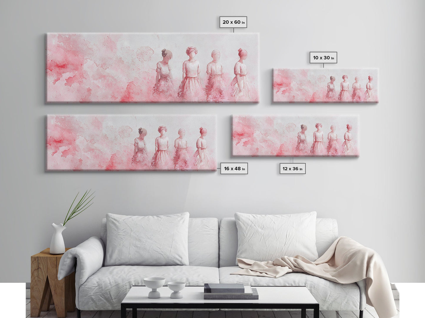 Four Women Canvas Print in Pink Abstract Art Style, Feminine Whimsical Aesthetic, Minimalist Living Room or Guest Room Horizontal Art