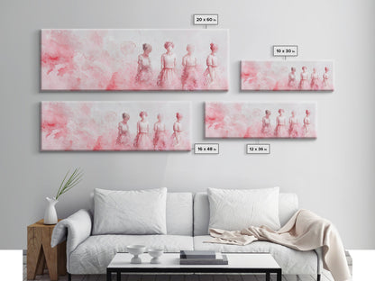 Four Women Canvas Print in Pink Abstract Art Style, Feminine Whimsical Aesthetic, Minimalist Living Room or Guest Room Horizontal Art
