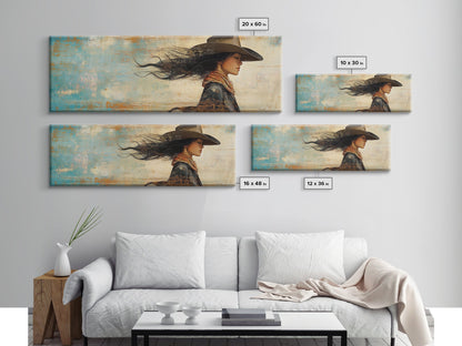 Cowgirl Canvas Print Southwest Wall Art Minimalist Boho Art Afrocentric Painting Extra Wide Horizontal Artwork Decor