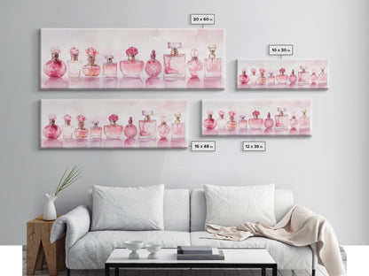 Framed Canvas Print Perfume Bottle Art Pink Abstract Art Feminine Decor Gift Idea Minimalist Living Room Wall Art Horizontal Painting