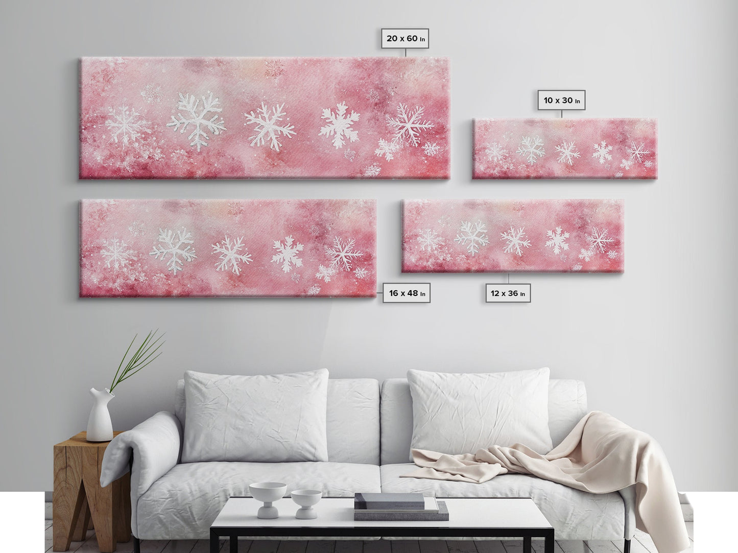 Framed Canvas Print of Snowflakes on Pink Background Featuring Cozy Winter Wall Art or Light Holiday Bedroom Seasonal Decor