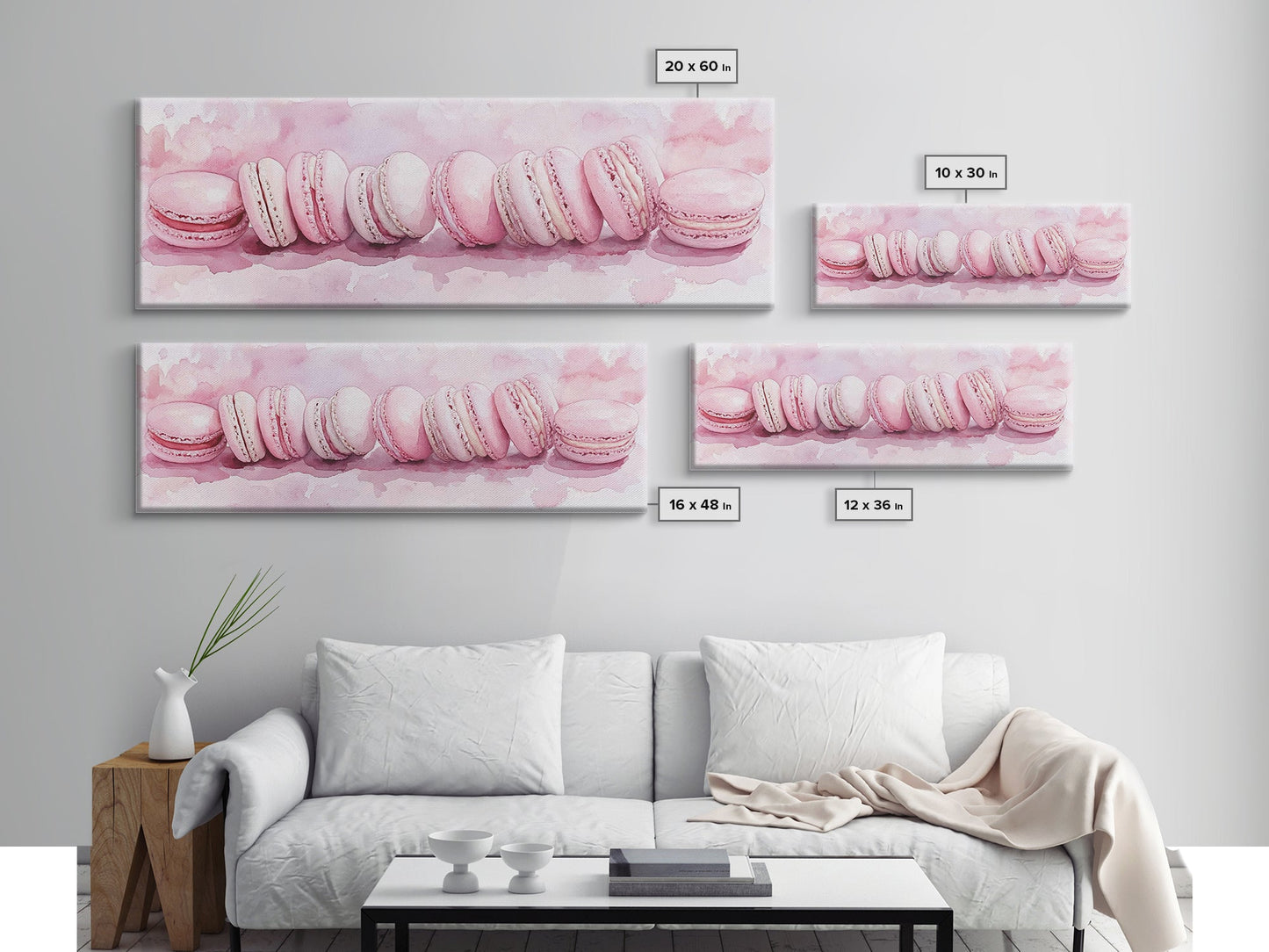 Whimsical Macarons Pink Wall Art Framed Canvas Print Extra Wide Horizontal Dessert Painting Food Review Kitchen Art