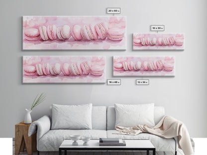 Whimsical Macarons Pink Wall Art Framed Canvas Print Extra Wide Horizontal Dessert Painting Food Review Kitchen Art