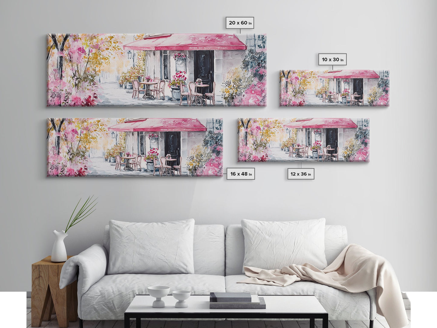 Parisian Cafe Cherry Blossom Painting Framed Canvas Print Extra Wide Art Horizontal Wall Art Rustic Above Sofa Decor