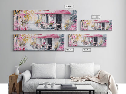 Parisian Cafe Cherry Blossom Painting Framed Canvas Print Extra Wide Art Horizontal Wall Art Rustic Above Sofa Decor