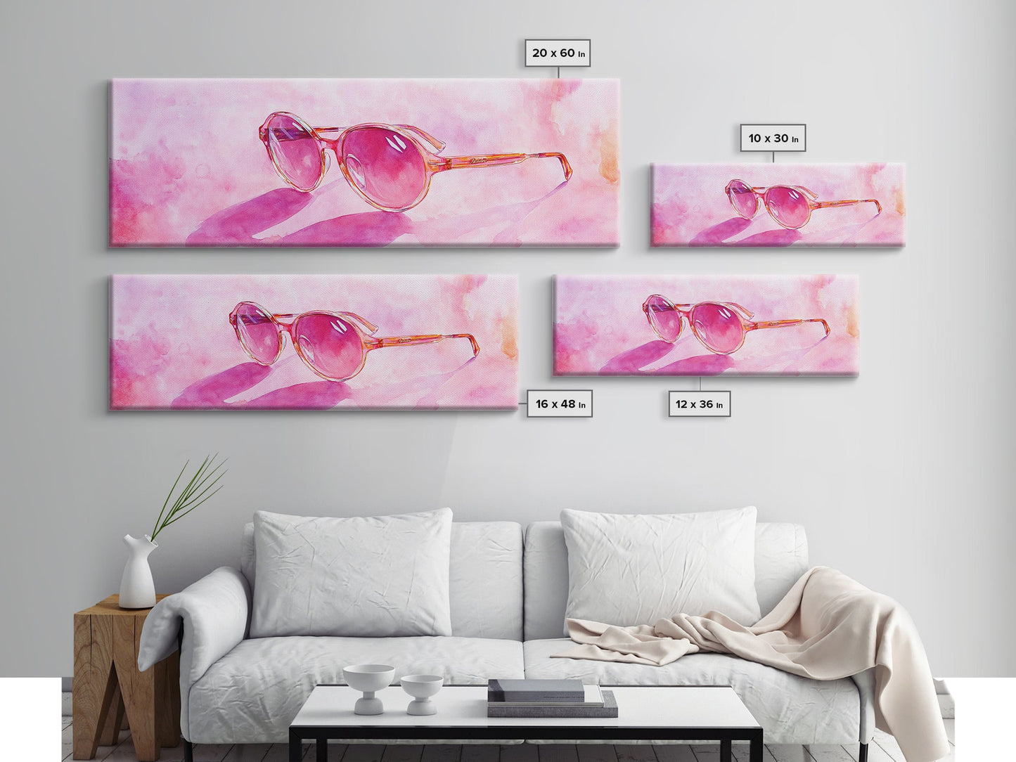 Retro Sunglasses Pink Wall Art Framed Canvas Print Light Pink Horizontal Wall Art Rustic Decor Fashion Illustration Art