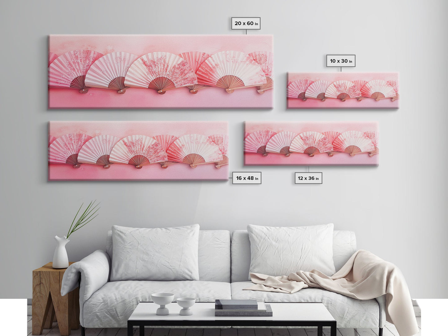Elegant Fans Canvas Print with Cherry Blossom Art, Pink Wall Art, Whimsical Art for Living Room or Bedroom, Light Pink Decor Idea