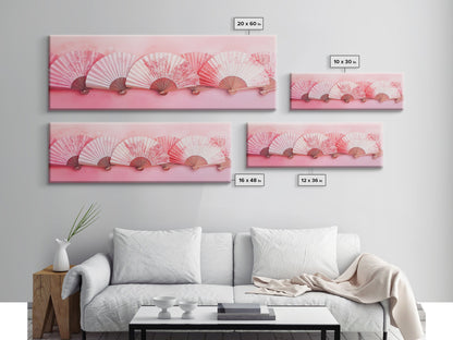 Elegant Fans Canvas Print with Cherry Blossom Art, Pink Wall Art, Whimsical Art for Living Room or Bedroom, Light Pink Decor Idea