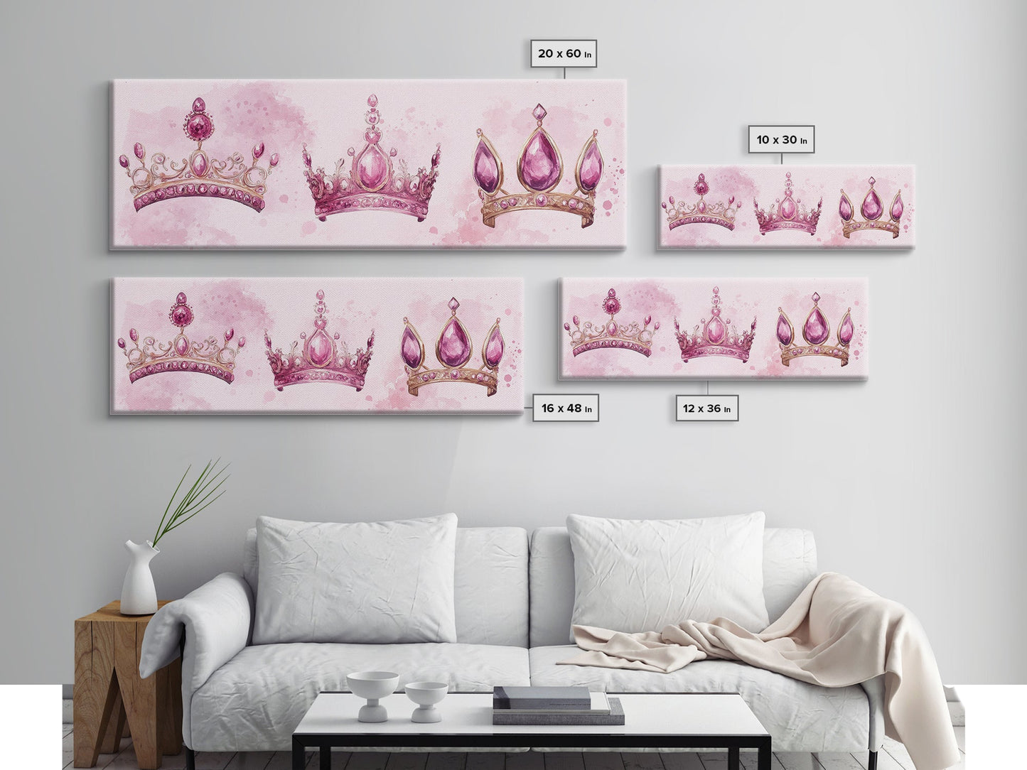 Pink Regal Crowns Canvas Print Gemstone Painting Royal Artwork Pink Abstract Art Above Bed Wall Art Feminine Glam Room Decor Gift