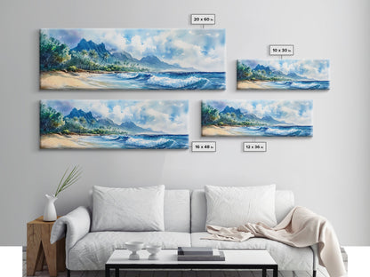 Moody Coastal Seascape Framed Canvas Print - Hawaii Ocean Landscape Painting, Nautical Wall Art, Extra Wide Beach Bedroom Art Decor