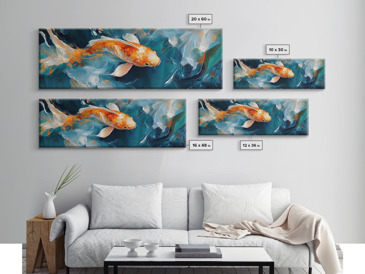 Vibrant Koi Fish Canvas Print, Whimsical Art, Coastal Wall Art, Bedroom Art, Gift Idea, Teal Wall Art, Above Sofa Decor, Nautical Painting