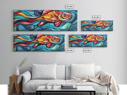 Abstract Goldfish Flow Framed Canvas Print, Whimsical Wall Art, Colorful Art, Teal Painting, Gift Idea, Skinny Wall Art, Bedroom Decor