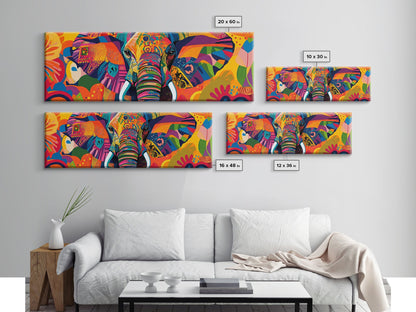 Vibrant Canvas Print of Colorful Abstract Elephant Wall Art, African Art, Whimsical Living Room Art, Boho Art, Horizontal Wall Art