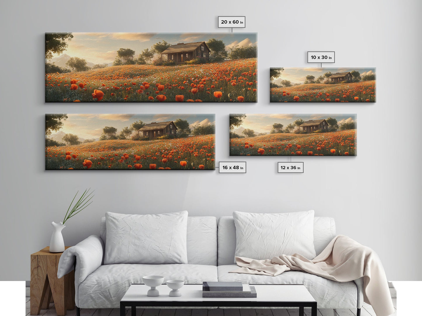 Sunlit Poppy Meadow Framed Canvas Print – Rustic Decor, California Poppy Art, Landscape Painting, Extra Wide Art, Guest Room Art