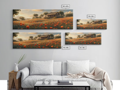 Sunlit Poppy Meadow Framed Canvas Print – Rustic Decor, California Poppy Art, Landscape Painting, Extra Wide Art, Guest Room Art