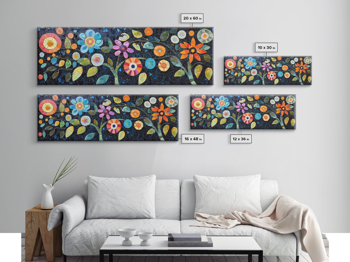 Mosaic Wall Art Wildflower Painting Framed Canvas Print, Botanical Print Horizontal Artwork, Whimsical Art Piece Above Sofa Decor